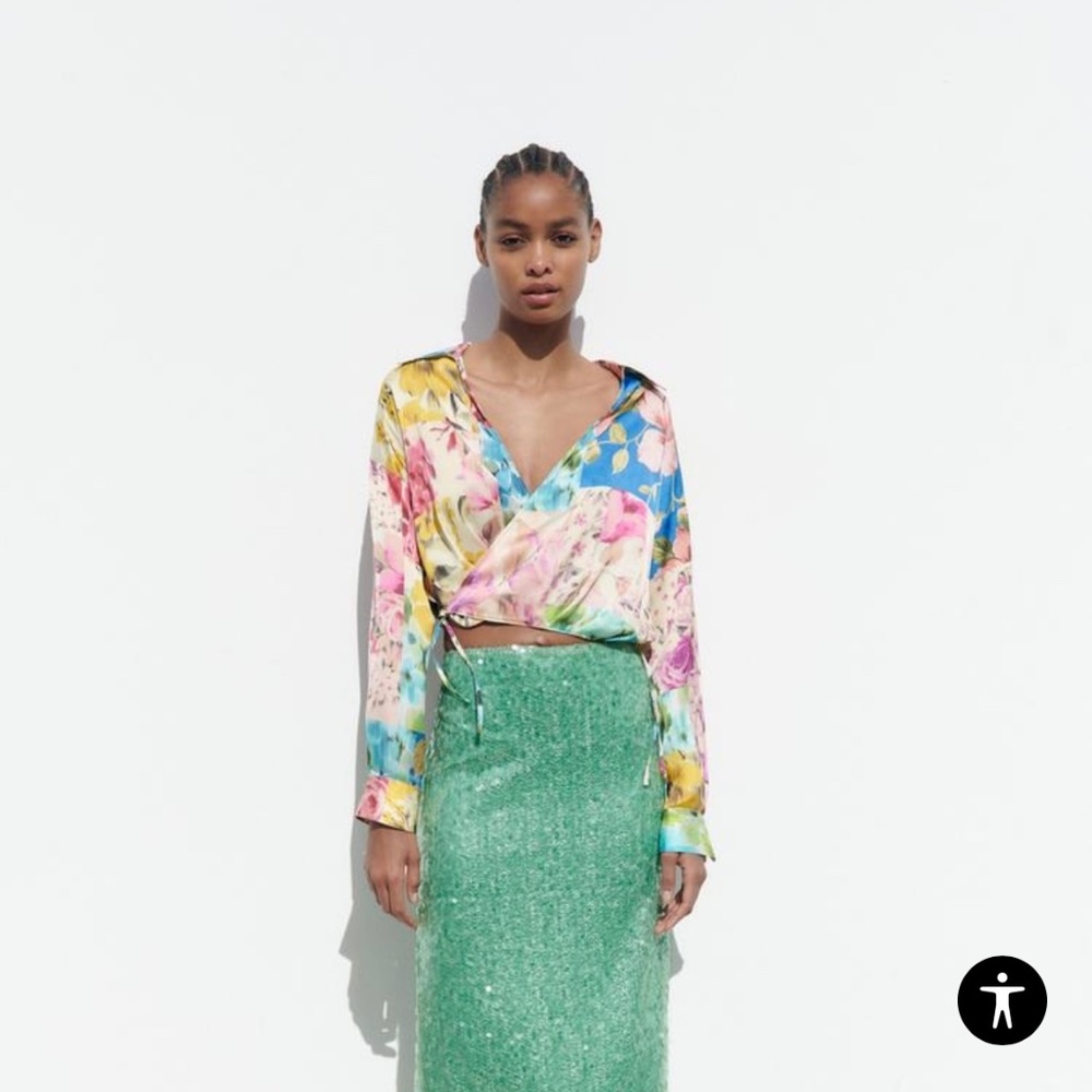 Zara Multicolor Floral Silk Wrap Blouse - Pink, Blue, Yellow. Never used